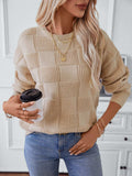 Checkered Round Neck Long Sleeve Sweater - Trendsi - Flyclothing LLC