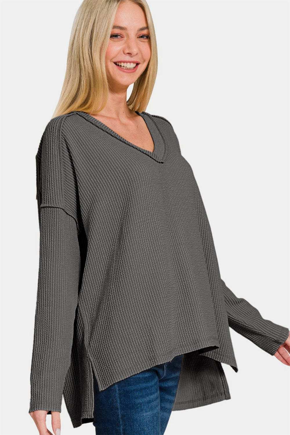 Zenana Texture Exposed Seam V-Neck Long Sleeve T-Shirt - Trendsi - Flyclothing LLC