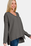 Zenana Texture Exposed Seam V-Neck Long Sleeve T-Shirt - Trendsi - Flyclothing LLC