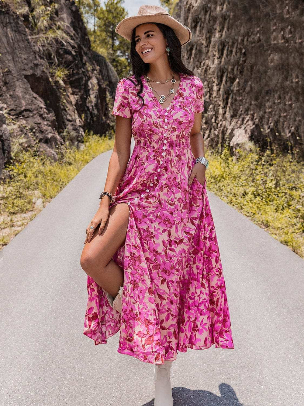 Floral V-Neck Slit Dress - Trendsi - Flyclothing LLC