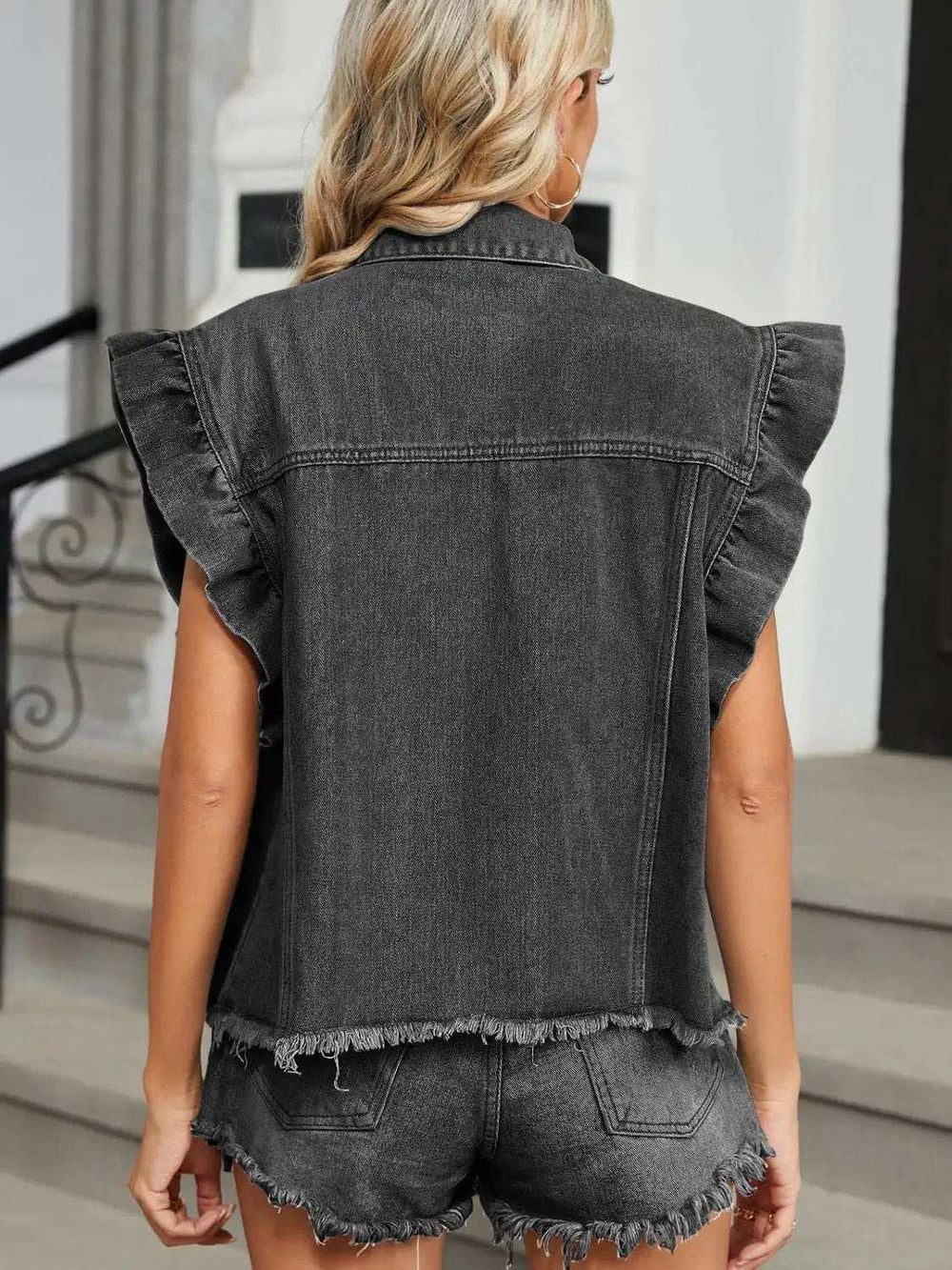 Raw Hem Cap Sleeve Denim Jacket - Trendsi - Flyclothing LLC
