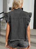 Raw Hem Cap Sleeve Denim Jacket - Trendsi - Flyclothing LLC