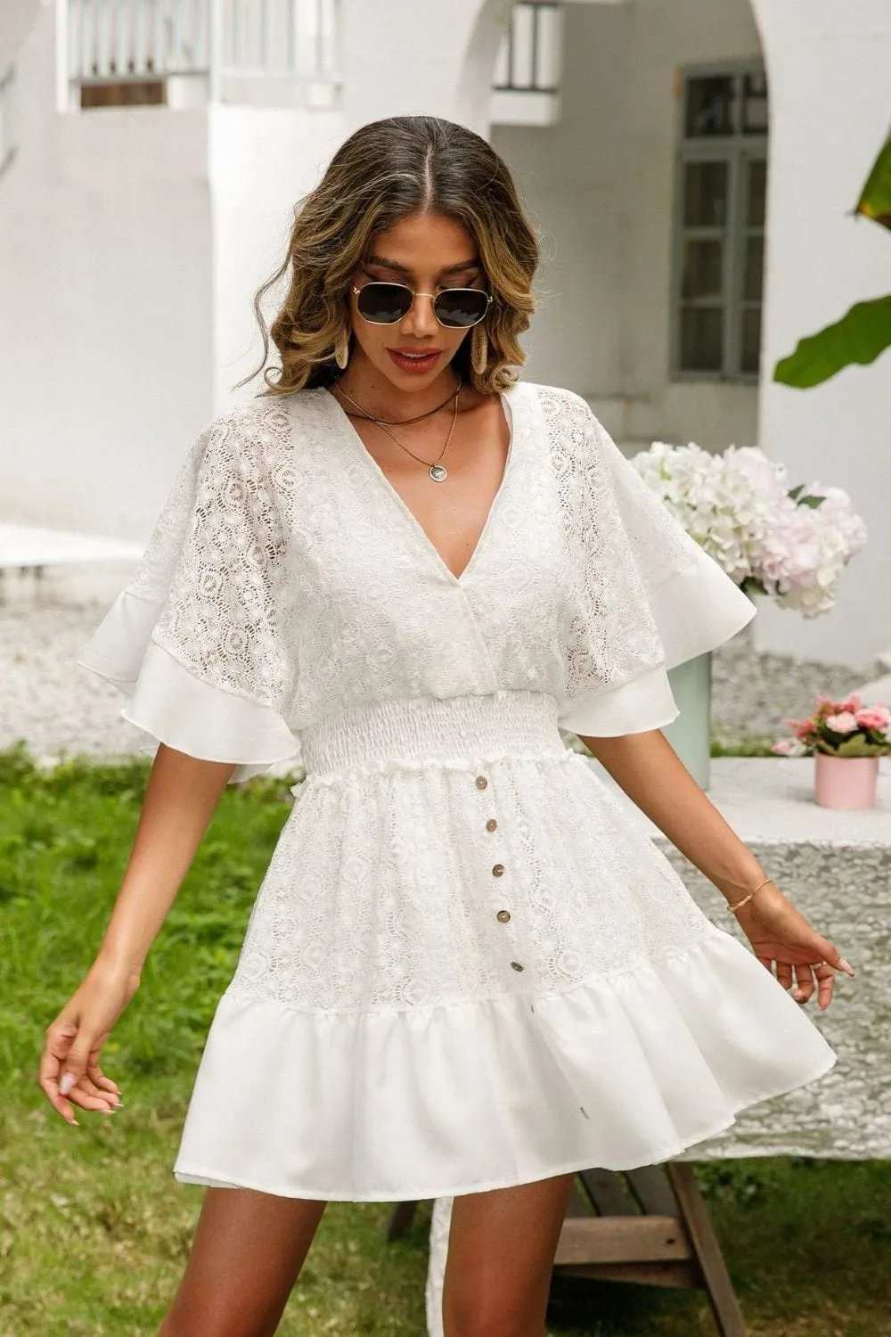 Lace Cutout Surplice Half Sleeve Dress - Trendsi - Flyclothing LLC