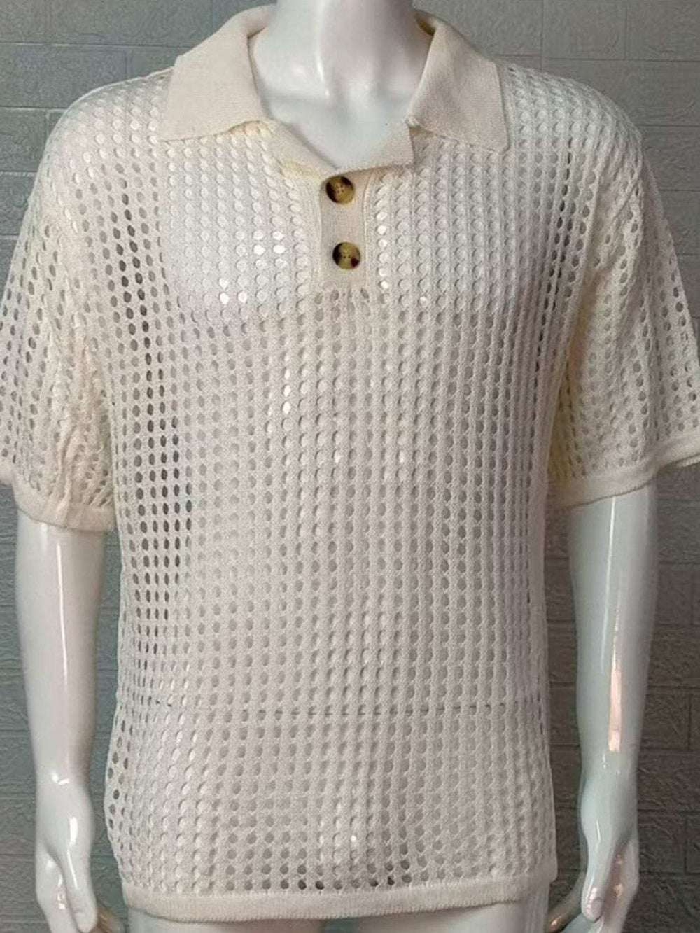 Men's Plus Size Openwork Collared Neck Quarter Button Knit Polo - Trendsi - Flyclothing LLC