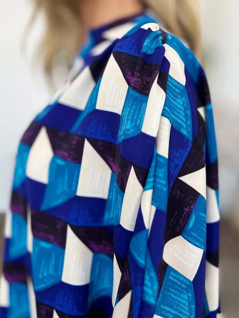 Double Take Full Size Geometric Notched Half Sleeve Blouse - Trendsi - Flyclothing LLC