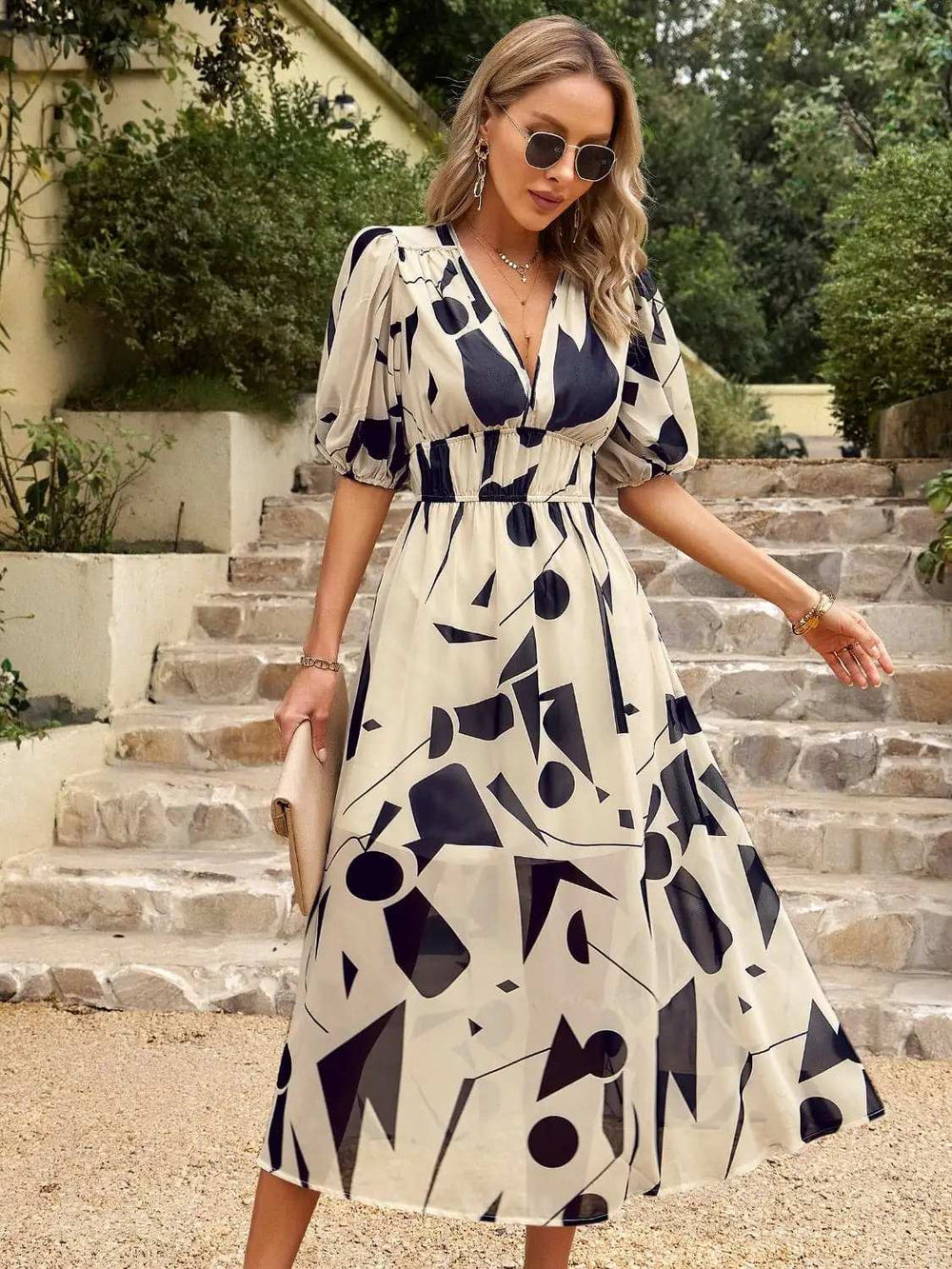 Smocked Printed V-Neck Half Sleeve Midi Dress - Trendsi - Flyclothing LLC