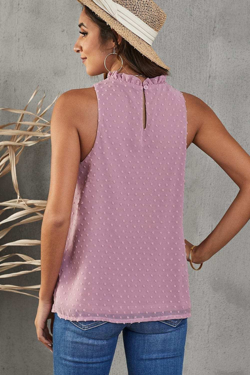 Frill Swiss Dot Round Neck Tank - Trendsi - Flyclothing LLC