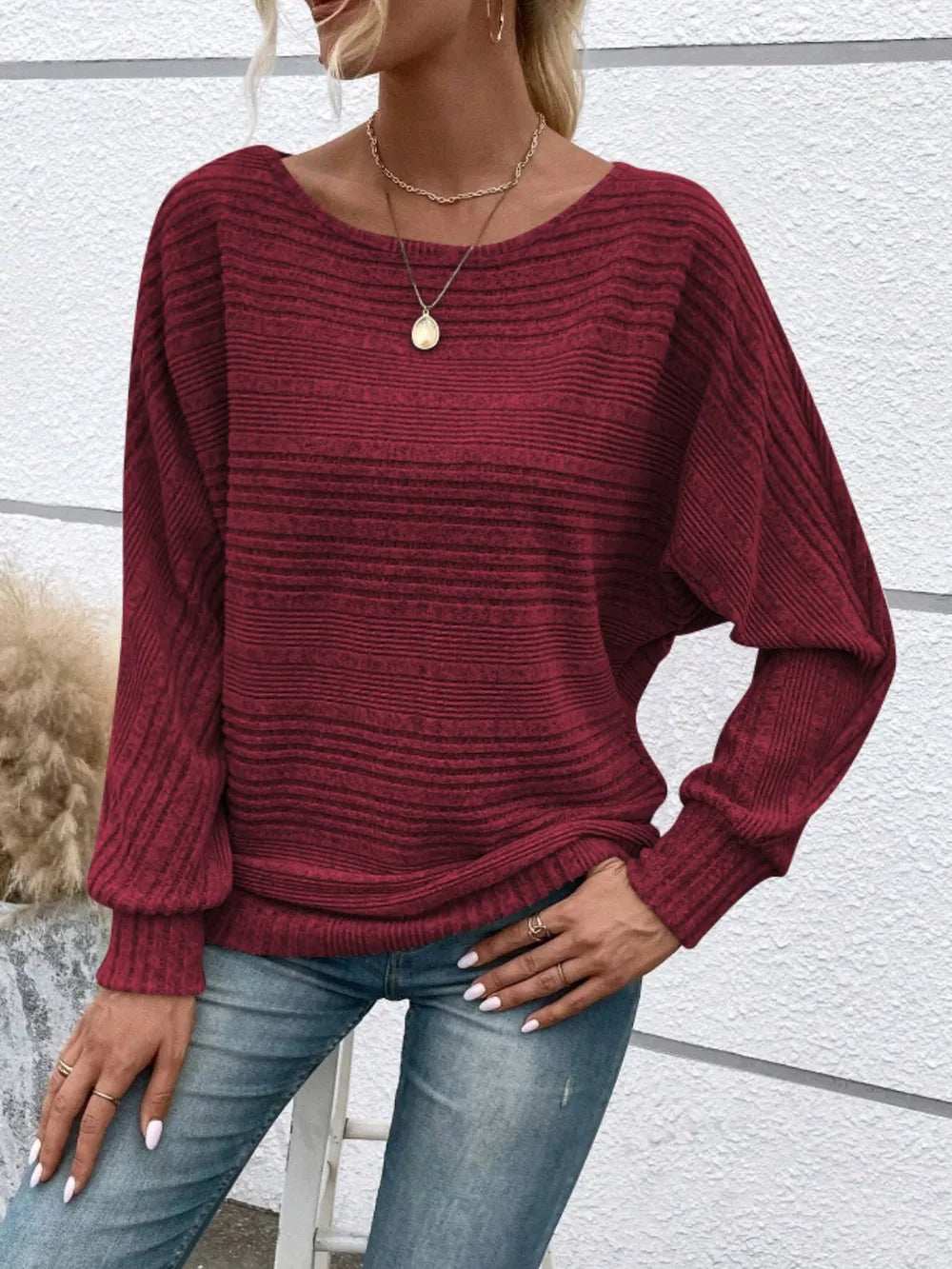 Full Size Round Neck Long Sleeve Top - Trendsi - Flyclothing LLC
