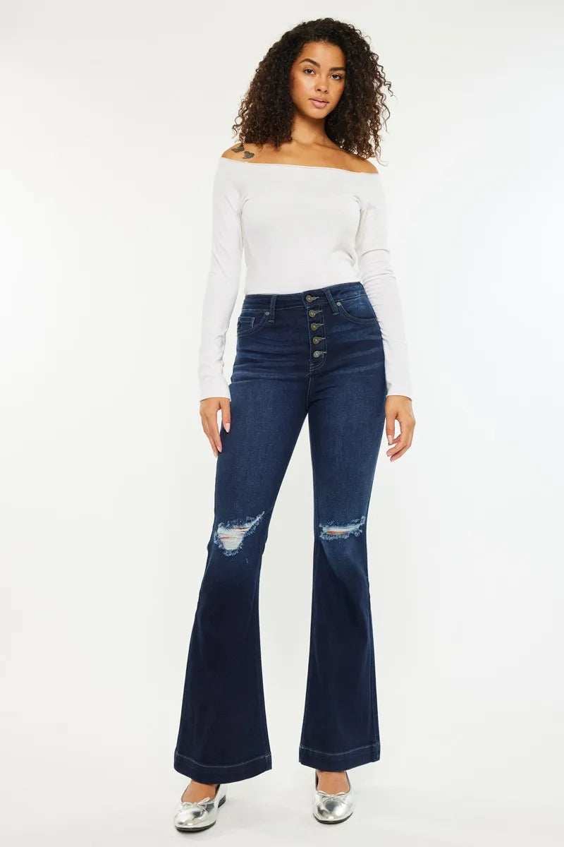 Kancan Button Fly High Rise Distressed Flare Jeans - Trendsi - Flyclothing LLC