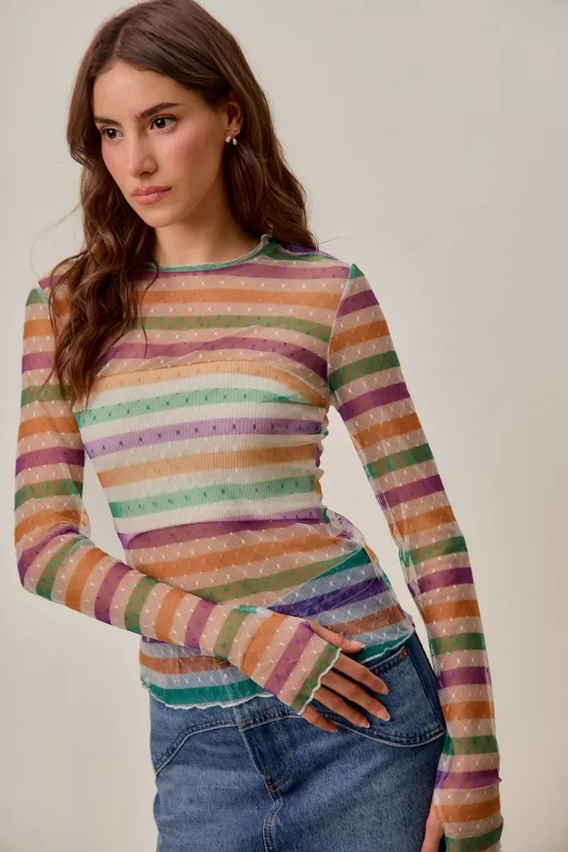 SO ME Mardi Gras Color Stripe Stretch Mesh Top - Trendsi - Flyclothing LLC