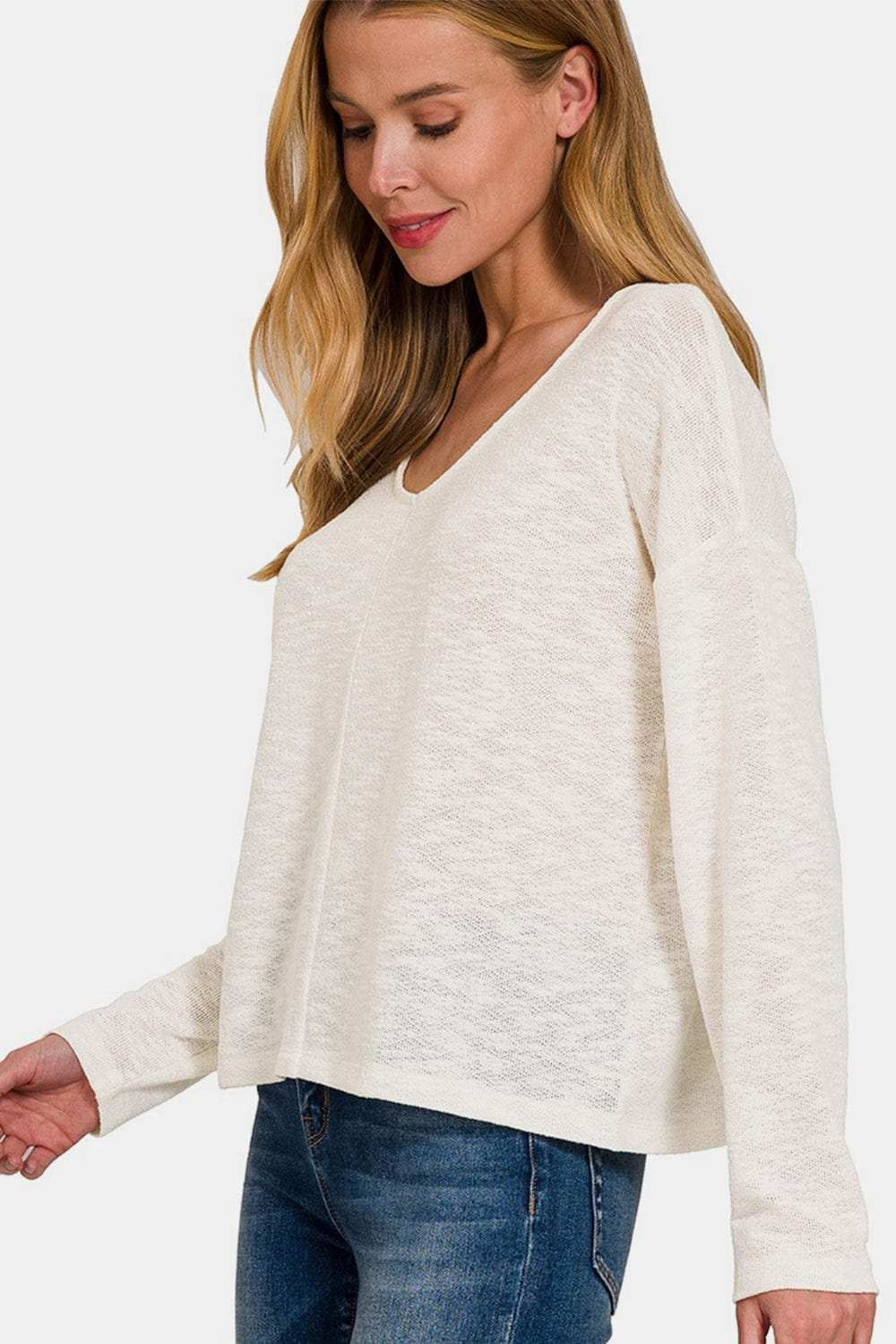 Zenana V-Neck Dropped Shoulder Long Sleeve T-Shirt - Trendsi - Flyclothing LLC