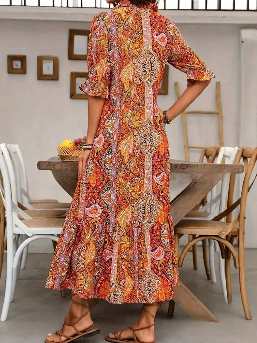 Printed Tie Neck Flounce Sleeve Midi Dress - Trendsi - Flyclothing LLC