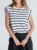 Florira Striped Round Neck Cap Sleeve T-Shirt - Trendsi - Flyclothing LLC