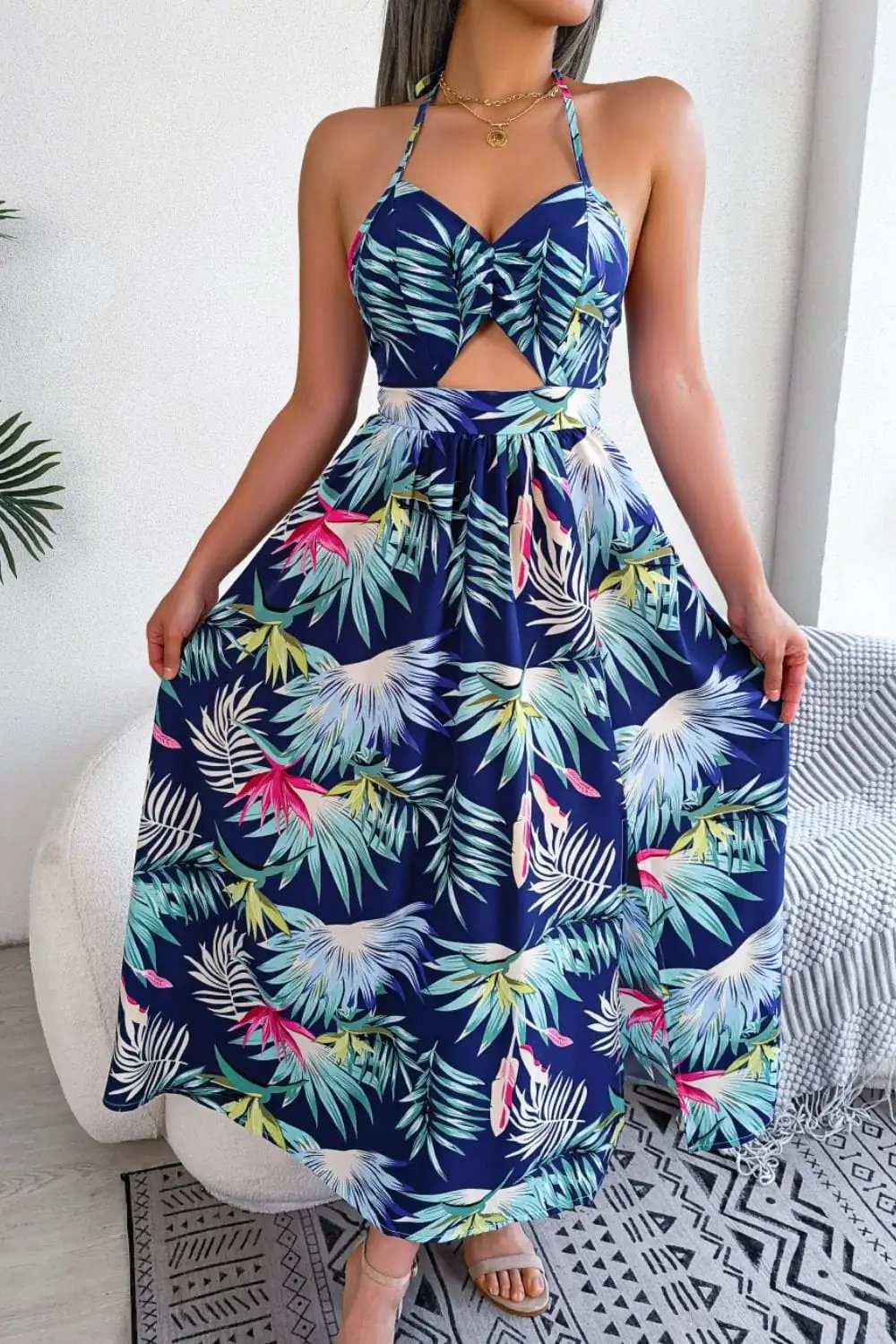 Botanical Print Tied Backless Cutout Slit Dress - Trendsi - Flyclothing LLC