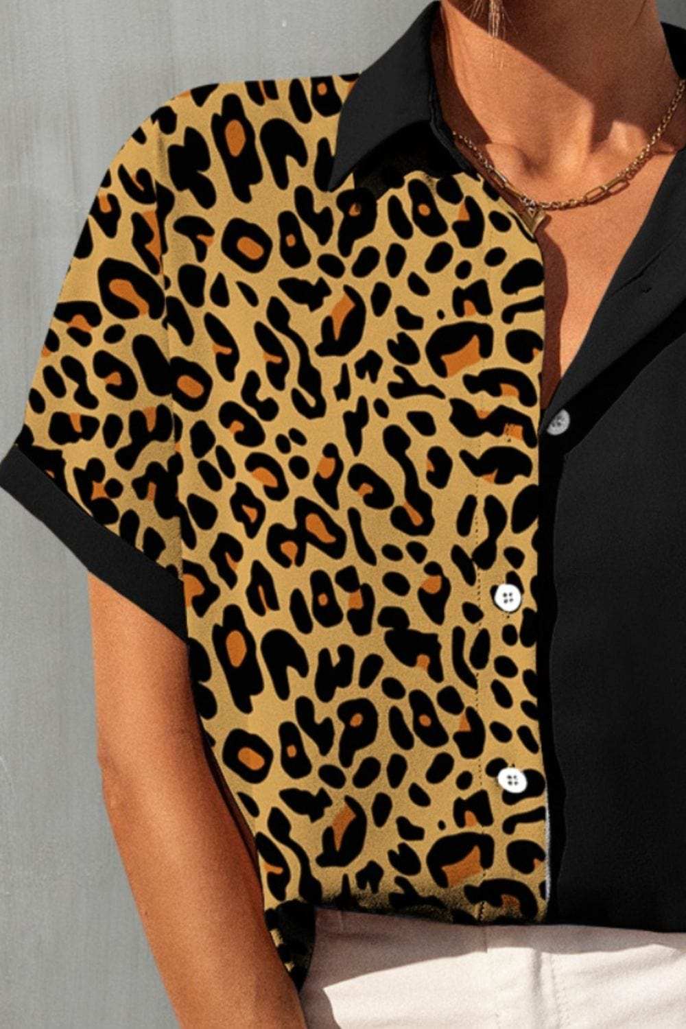 Leopard Button Up Short Sleeve Shirt - Trendsi - Flyclothing LLC