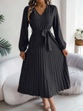 Pleated Tied V-Neck Long Sleeve Dress - Trendsi - Flyclothing LLC