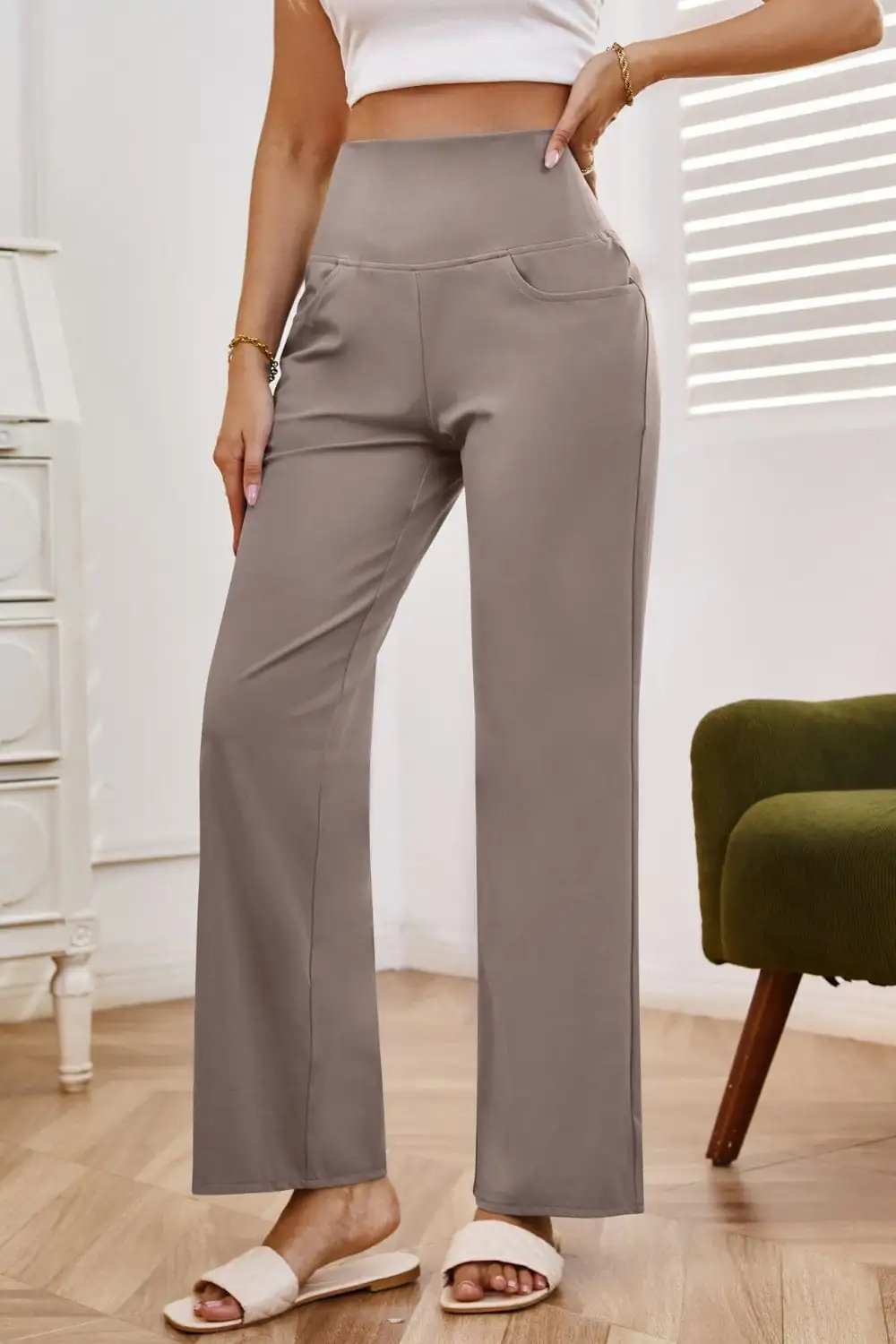 High Waist Wide Leg Pants with Pockets - Trendsi - Flyclothing LLC