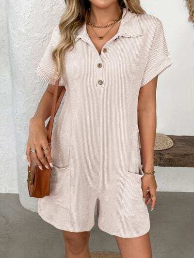 Button Detail Collared Neck Short Sleeve Romper - Trendsi - Flyclothing LLC