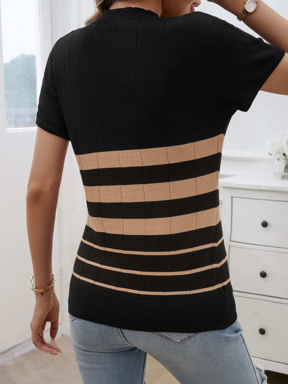 Striped Round Neck Short Sleeve Knit Top - Trendsi - Flyclothing LLC