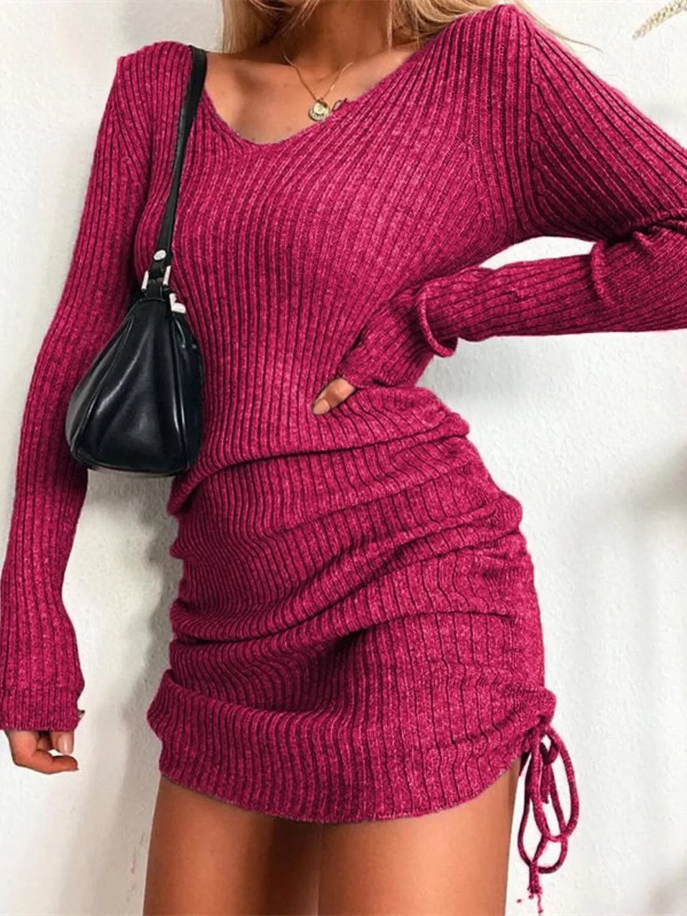 Full Size Ribbed Knit Drawstring Bodycon Sweater Dress Plus Size - Trendsi - Flyclothing LLC