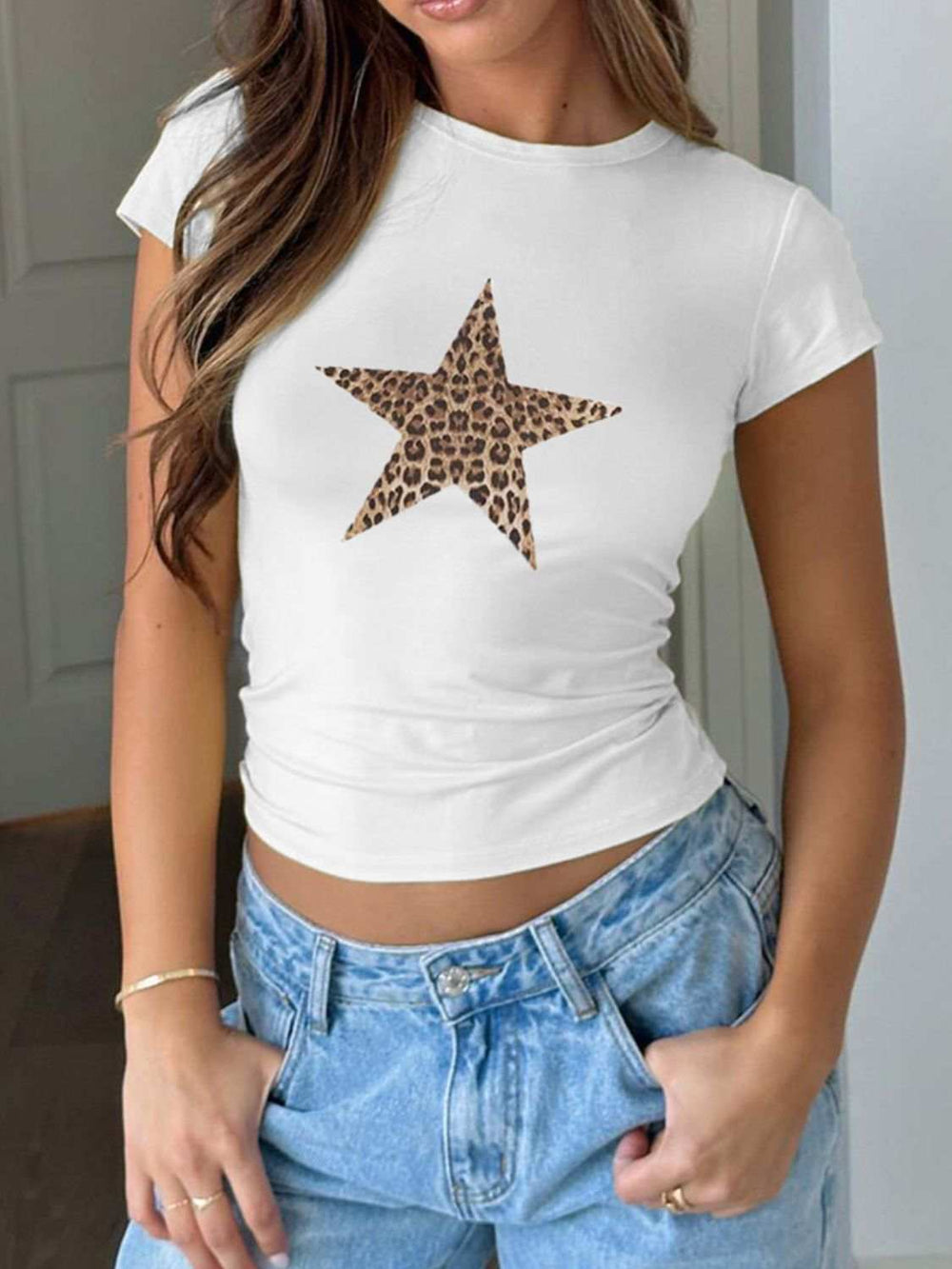 Devine Star Round Neck Short Sleeve T-Shirt - Trendsi - Flyclothing LLC