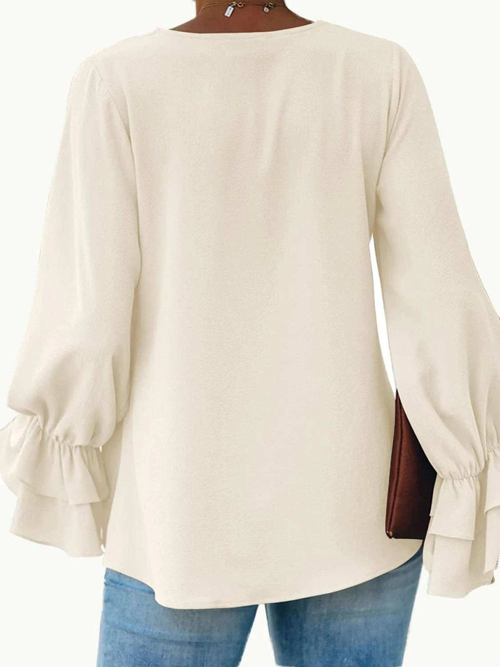 Round Neck Double-Layered Flounce Sleeve Top - Trendsi - Flyclothing LLC