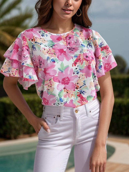 Floral Round Neck Flutter Sleeve Blouse - Trendsi - Flyclothing LLC
