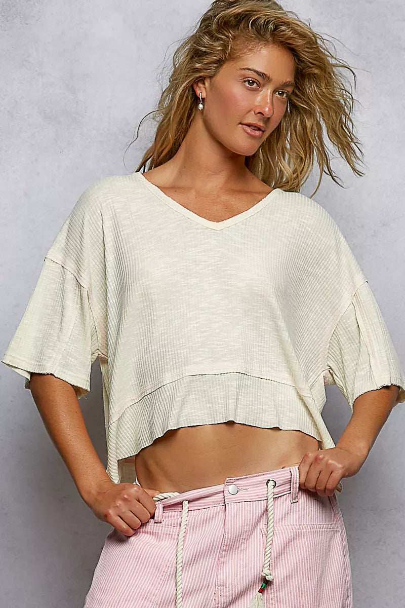 POL Short Sleeve Ccopped Rib T-Shirt with Contrast Stitch Detail - Trendsi - Flyclothing LLC