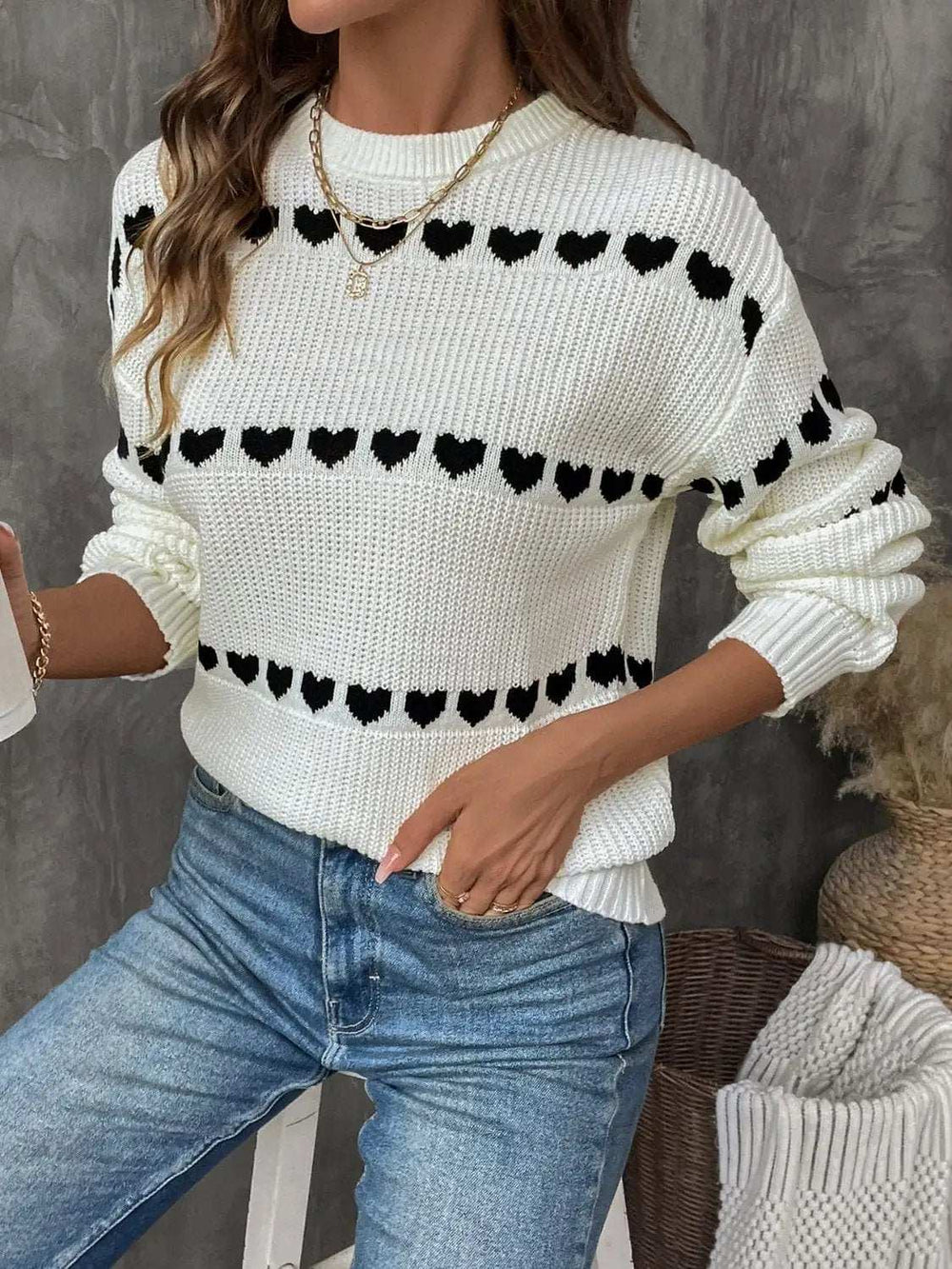 Heart Round Neck Long Sleeve Sweater - Trendsi - Flyclothing LLC