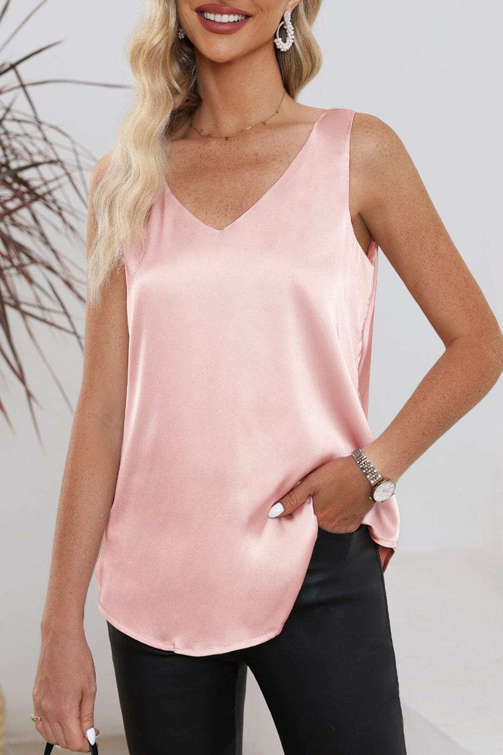 Solid V-Neck Wide Strap Tank - Trendsi - Flyclothing LLC