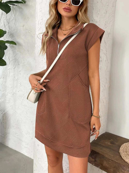 Texture Half Zip Cap Sleeve Mini Dress - Trendsi - Flyclothing LLC