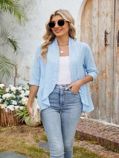 Eyelet Open Front Three-Quarter Sleeve Top - Trendsi - Flyclothing LLC