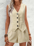 V-Neck Button Down Vest and Shorts Set - Trendsi - Flyclothing LLC
