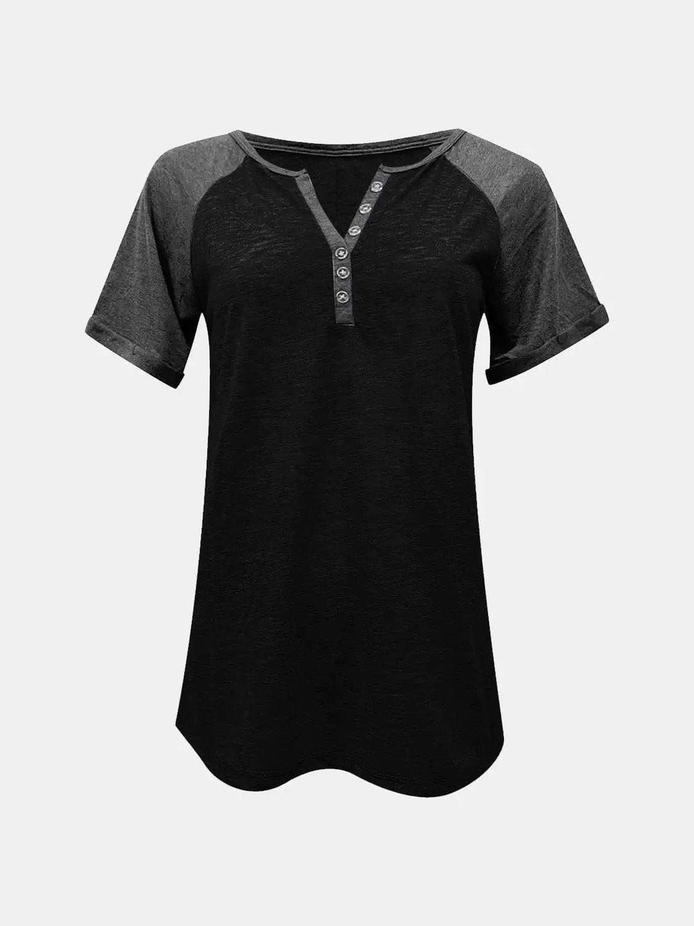 Contrast Notched Short Sleeve T-Shirt - Trendsi - Flyclothing LLC