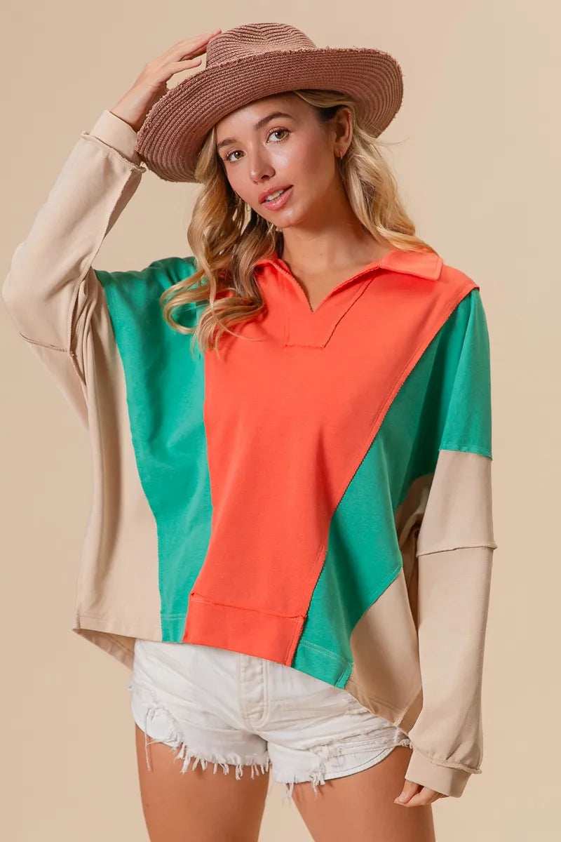 BiBi Colorblock Exposed Seam French Terry Sweatshirt - Trendsi - Flyclothing LLC