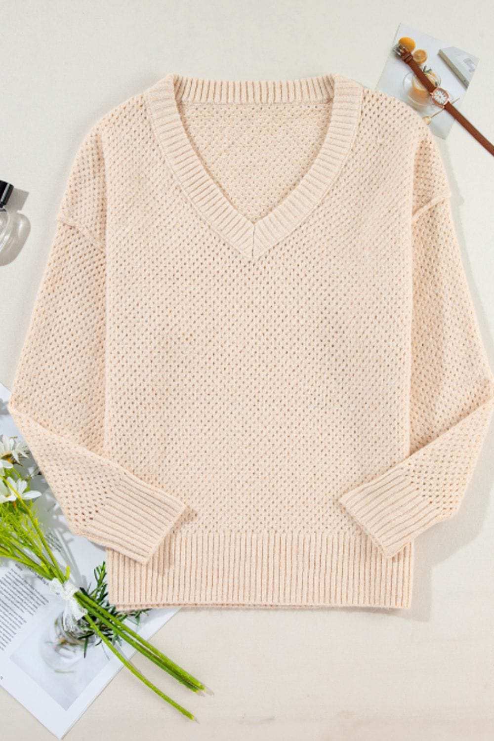 V-Neck Dropped Shoulder Long Sleeve Sweater - Trendsi - Flyclothing LLC