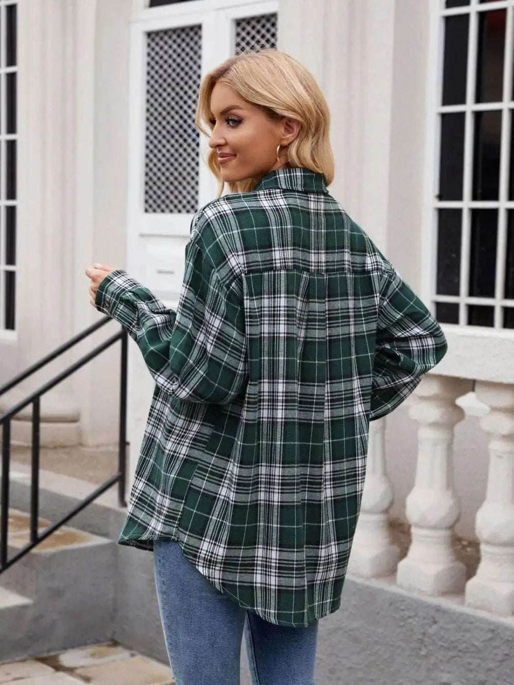 Pocketed Plaid Collared Neck Long Sleeve Shirt - Trendsi - Flyclothing LLC