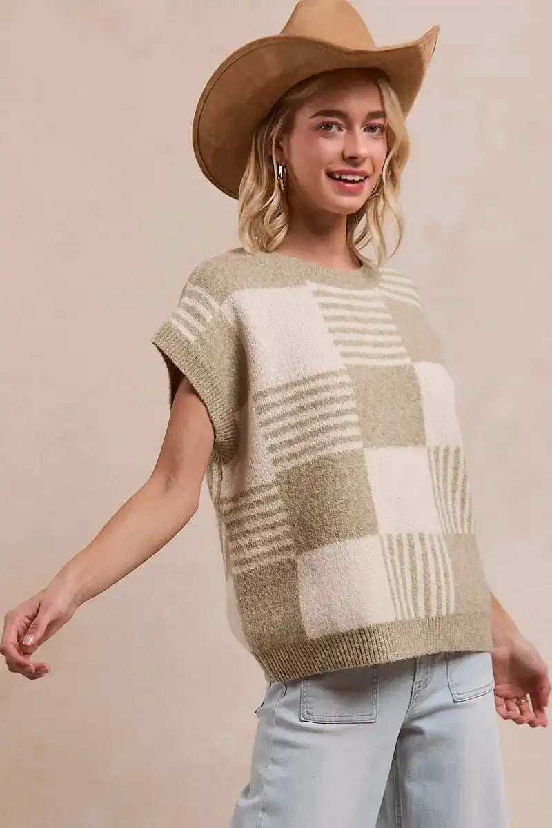 BiBi Checker With Stripes Pattern Sleeveless Sweater - Trendsi - Flyclothing LLC