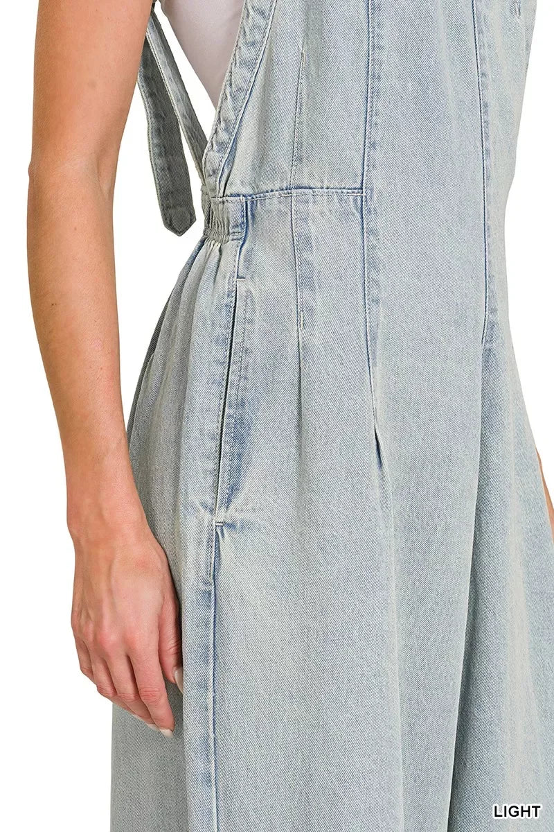 Zenana Denim Light Washed Wide Leg Overalls - Trendsi - Flyclothing LLC