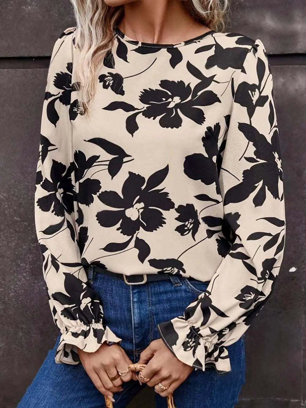 Bow Back Printed Round Neck Flounce Sleeve Blouse - Trendsi - Flyclothing LLC