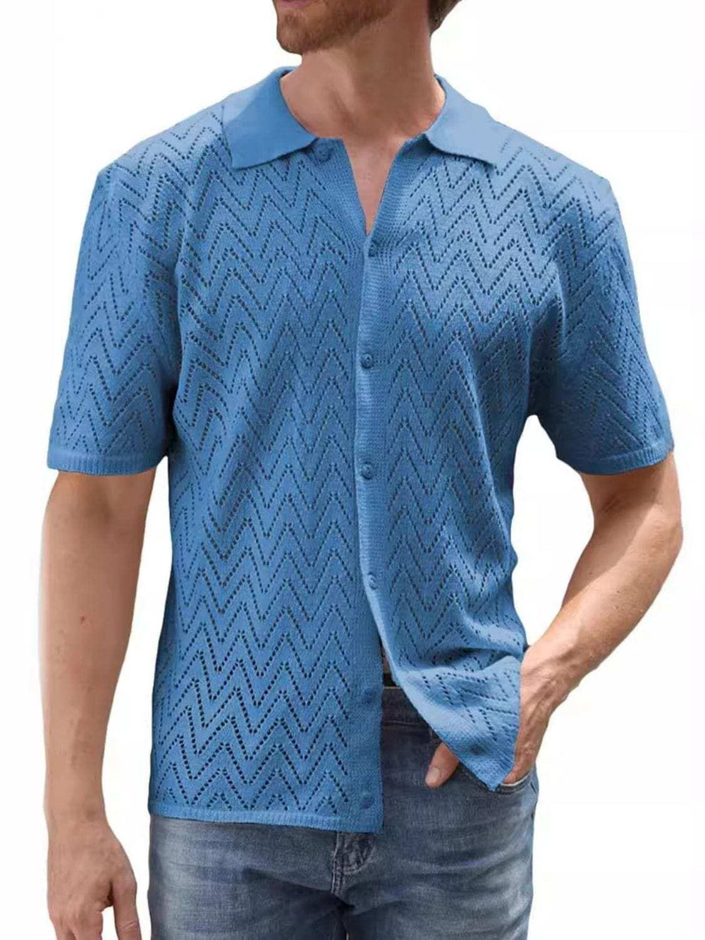 Men's Full Size Openwork Button Down Short Sleeve Shirt Plus Size - Trendsi - Flyclothing LLC