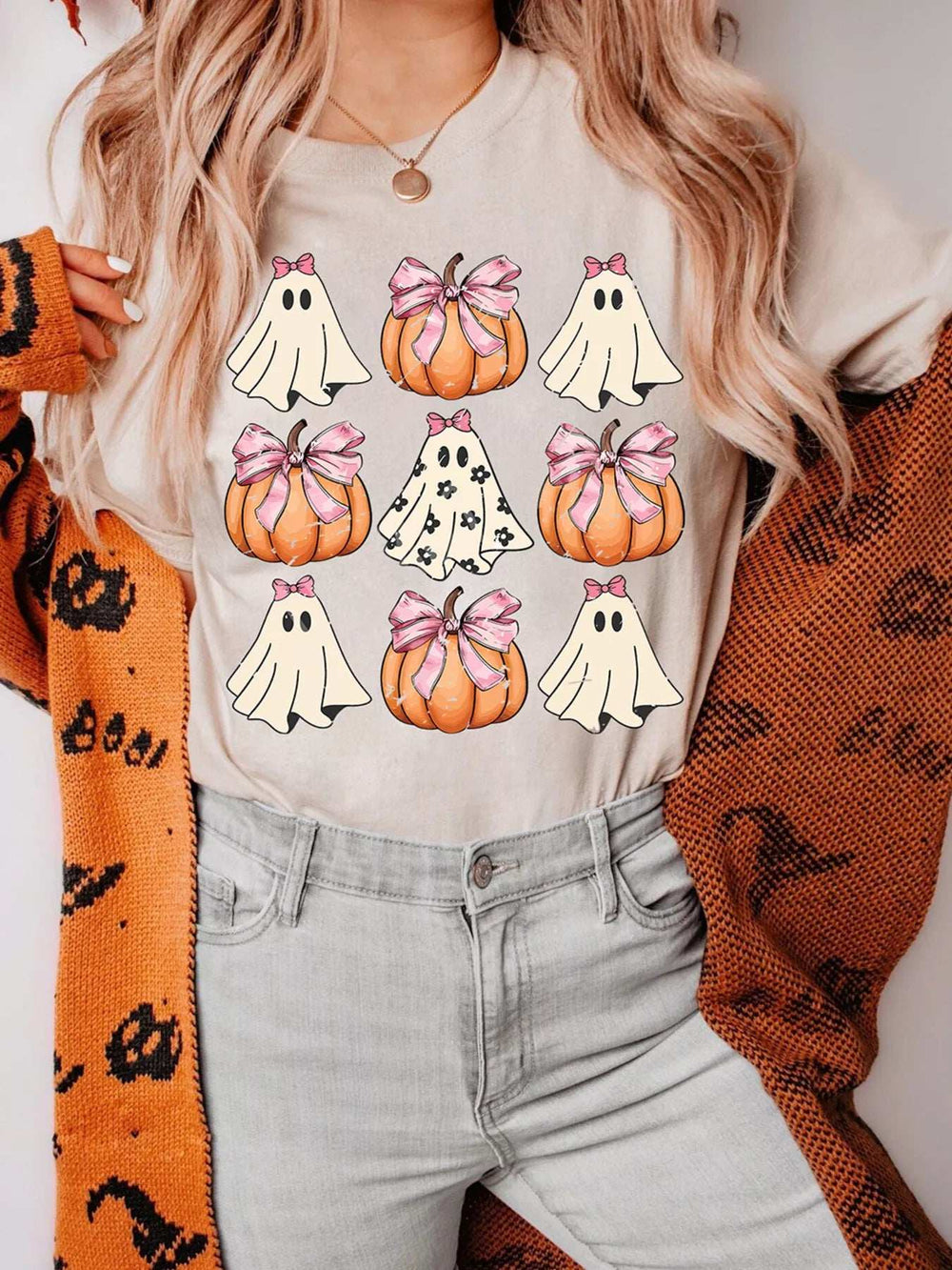 Halloween Bowknot Ghost Pumpkin Graphic T Shirt - Trendsi - Flyclothing LLC
