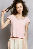 POL Round Neck Short Sleeve Crop T-Shirt with Lace Trim - Trendsi - Flyclothing LLC
