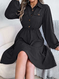 Collared Neck Long Sleeve Dress with Pockets - Trendsi - Flyclothing LLC