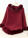 Fuzzy Trim Texture Three-Quarter Sleeve Poncho - Trendsi - Flyclothing LLC