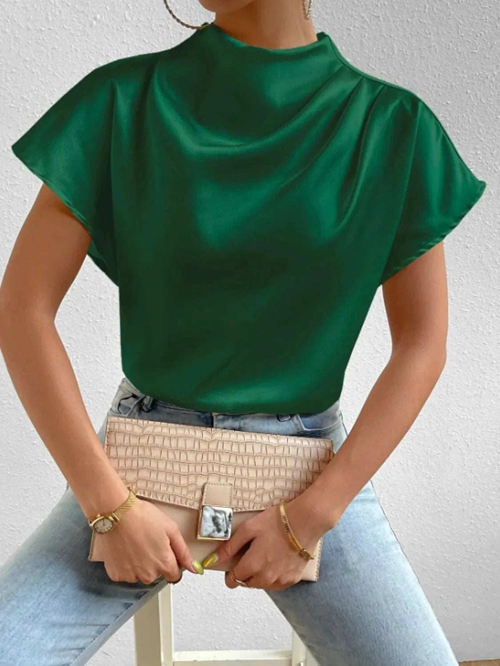Mock Neck Short Sleeve Blouse - Trendsi - Flyclothing LLC