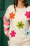 BiBi Colorful Floral Patched Sweater with Striped Sleeve - Trendsi - Flyclothing LLC