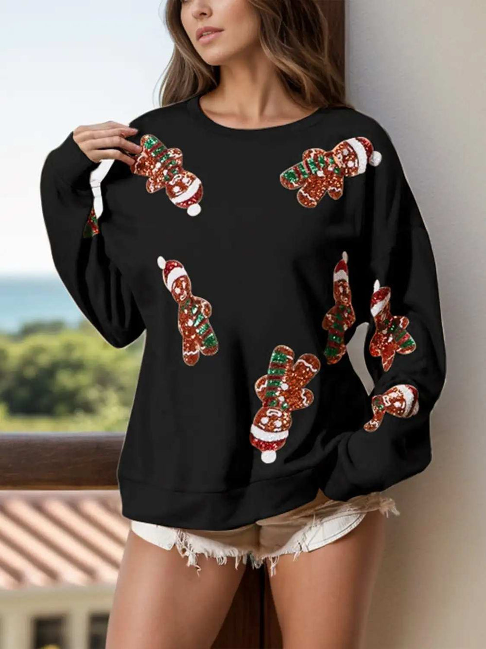 Sequin Gingerbread Man Long Sleeve Sweatshirt - Trendsi - Flyclothing LLC