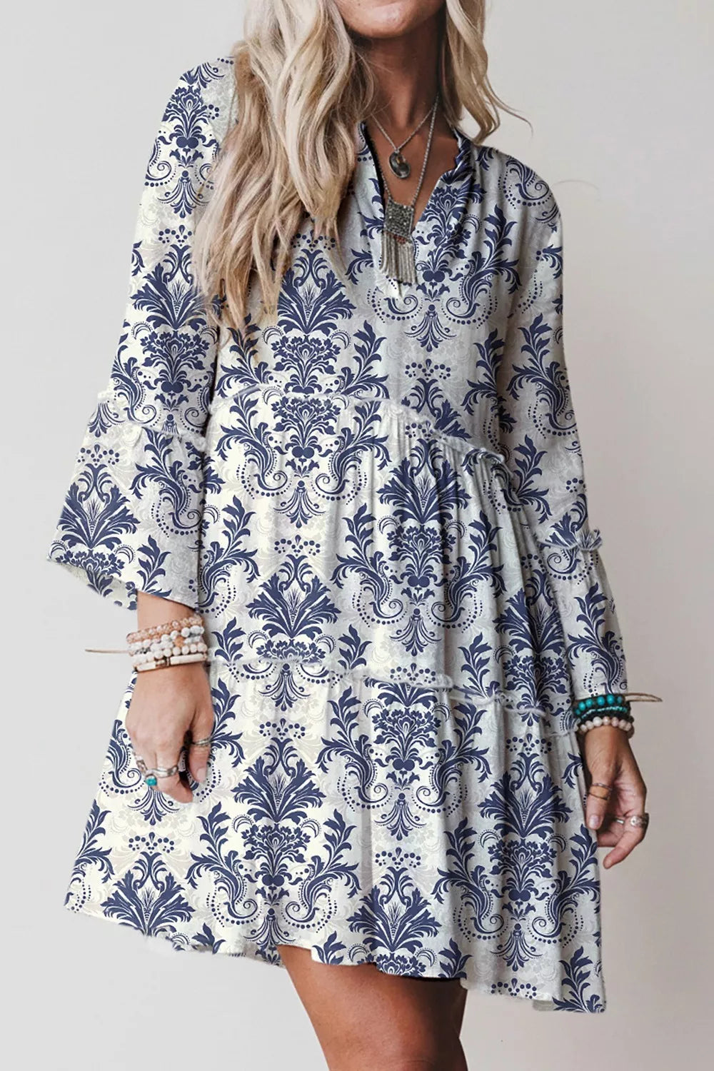Printed Long Sleeve Tiered Mini Dress - Trendsi - Flyclothing LLC