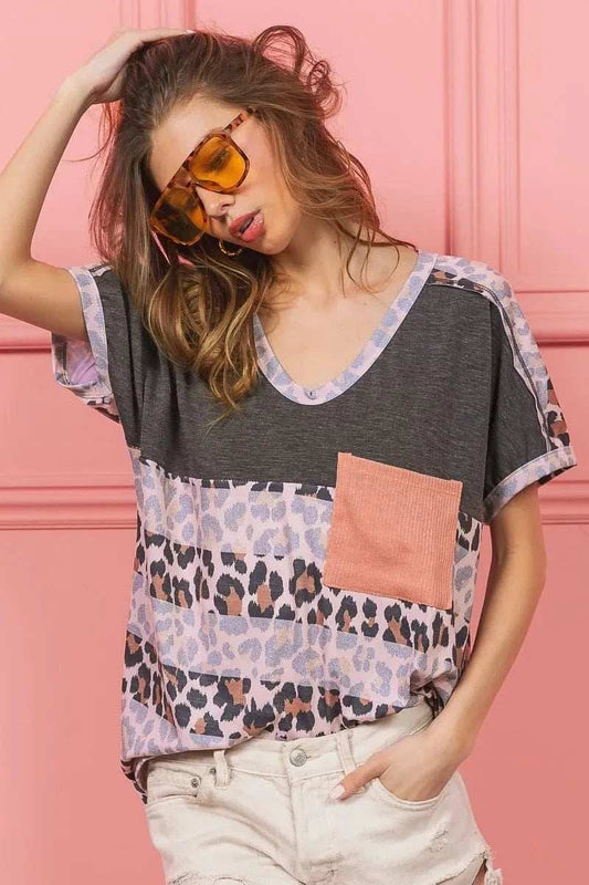 BiBi Leopard Stripe with Slub Terry Color Block T-Shirt - Trendsi - Flyclothing LLC